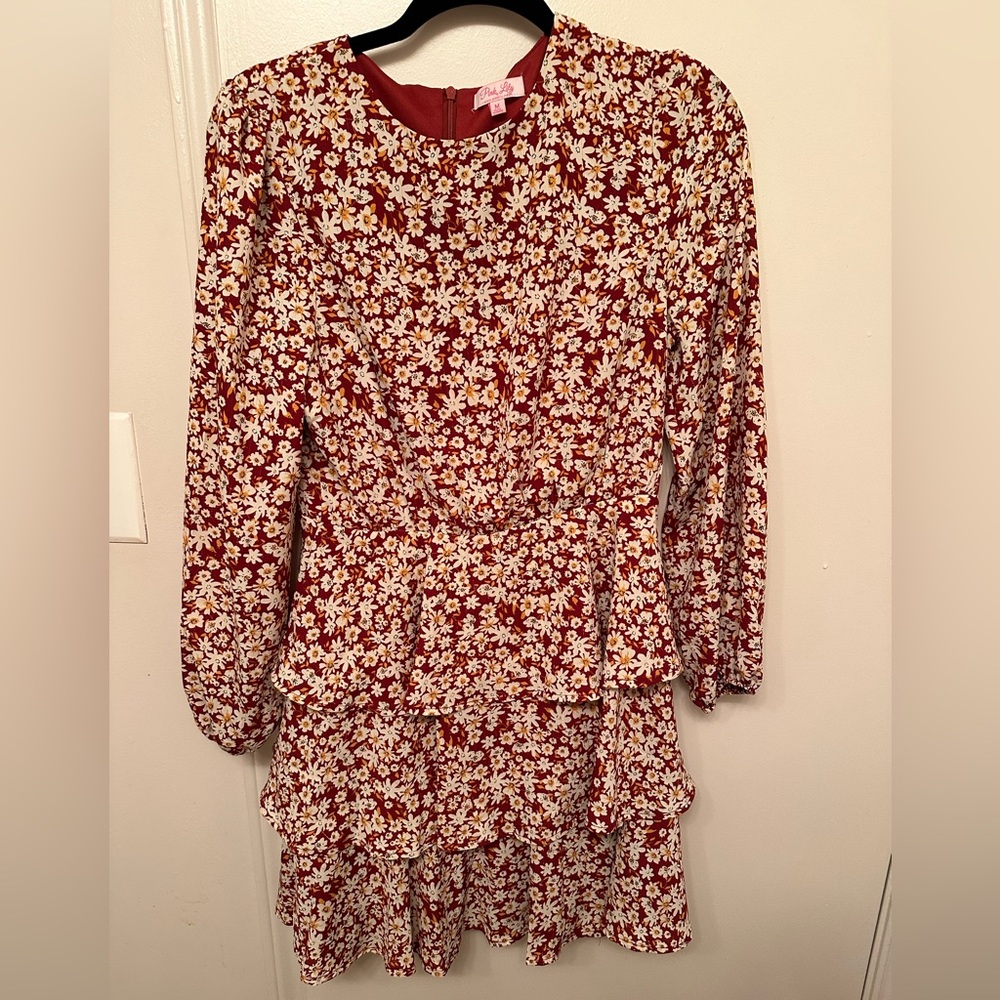 Pink Lily Poetic Love Ruffle Hem Floral Burgundy Dress - size M